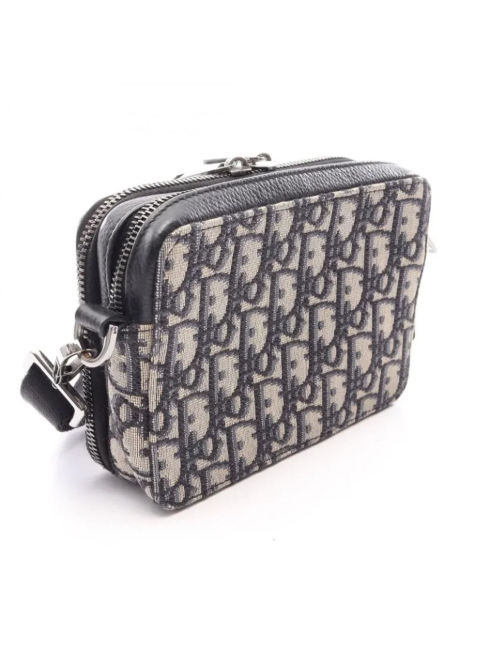 Dior Shoulder Bag Strap Zip Pouch Oblique Ivory Navy Black Canvas Leather